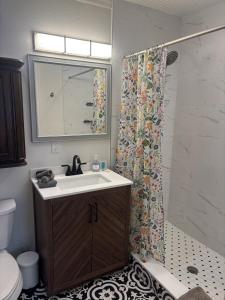 une salle de bain avec un lavabo et un rideau de douche dans l'établissement Seaside Retreat Cottages #3, à Clearwater Beach