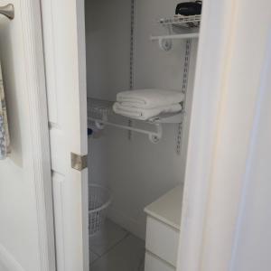 タンパにあるAraly's houseのバスルーム(棚に白いタオル付)