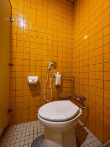 a bathroom with a toilet and a yellow tiled wall at 貸別荘 波音と朝日 namine to ASAHI in Miyazu