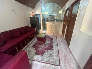 a living room with a red couch and a rug at Hamd Nubian Guest House in Aswan