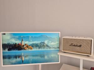 a computer monitor sitting on a desk next to a radiator at Gapyeong Relaxing Pension in Yŏnbyŏn