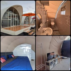 a collage of four pictures of a room at Yuuhi Villa Glamping in Mancagahar