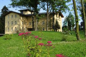 een gebouw op een heuvel met bloemen ervoor bij Villa Sternkopf Suiten Rittersgrün in Breitenbrunn