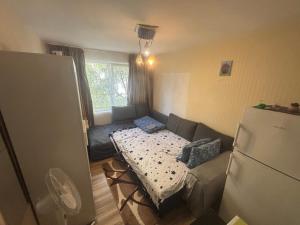 a small living room with a couch and a refrigerator at A Good Vibe in M. Ciurel +5 photos