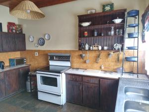 una cucina con mobili in legno e un forno a piano cottura di Ma-Ria's Farmhouse a Magaliesburg