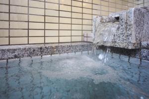 a fountain in the middle of a pool of water at Summit Views Hakuba in Hakuba