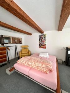 una camera da letto con un letto rosa e una sedia di Cosy stay near stunning sights, located on main street a Luchsingen