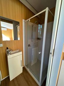 a bathroom with a glass shower and a sink at The Little Refuge by Tiny Away in Dunoon