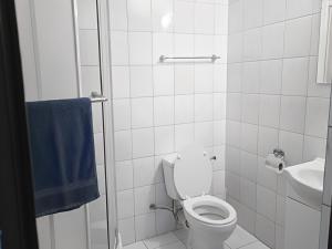 Un baño blanco con inodoro y lavabo. en Rezydencja Parkova, en Gierłoż 17 fotos más