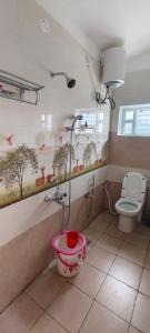 a bathroom with a toilet and a faucet at diamond hill view cottage in Ooty