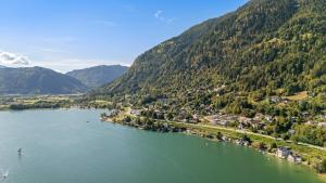 an aerial view of a lake in a valley at Lake Lodge Ossiacher See in Annenheim