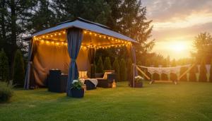 un gazebo con luci e mobili in un cortile di Dream Home Pet-Friendly - Ogród 600m2, Las 10min a Polanica-Zdrój