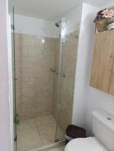 a shower with a glass door in a bathroom at Apartaestudio al norte de Armenia in Armenia +9 photos