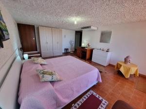 a bedroom with a pink bed and a table at Horizzonte Blu in Porto Alabe