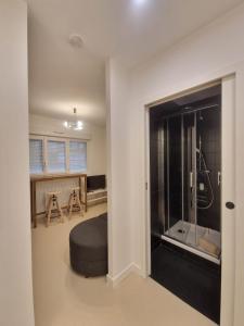 克莱蒙费朗Les Violettes #Parking#Confort的带床和玻璃淋浴间的卧室