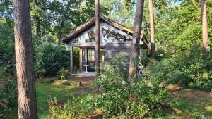 a small cabin in the woods with trees at Stijlvol Tiny House in de natuur in Enschede