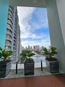 a balcony with three potted plants and a view of a city at Ermita, Manila - SM Manila in Manila