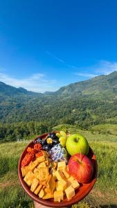 a plate of food on a table with apples and cheese at prince's place cabins and camping in Badulla