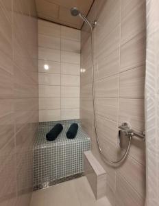 a bathroom with a shower with two black pillows at Apartmán Petra Cetnov in Cheb +31 photos