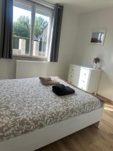 a bedroom with a bed with a dresser and a window at Maison Le Refuge à 10 minutes de la Baie de Somme in Saint-Blimont
