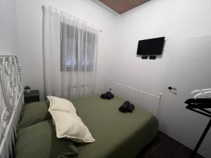 a bedroom with a green bed and a television at Las Arcas, cómodo apartamento cerca del centro in Valladolid +29 photos
