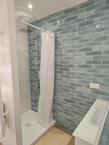 Appartement entouré de verdure في Saint-Martin-de-Seignanx: حمام مع دش مع ستارة دش +3 صور