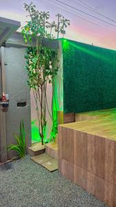 a room with a green wall and a plant at Refúgio Sol & Mar in Cabo Frio