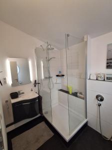 a bathroom with a glass shower and a sink at Schleiverliebt 52 in Schleswig +8 photos