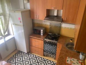 Una pequeña cocina con estufa y refrigerador. en Чудова квартира біля ТРЦ Лавина, en Sumy