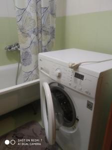Una lavadora en un baño con cortina de ducha. en Чудова квартира біля ТРЦ Лавина, en Sumy