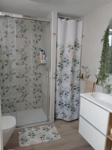 een badkamer met een douche, een toilet en een wastafel bij Papaya in Costa Del Silencio