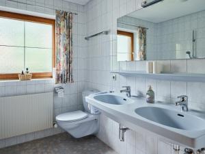 a bathroom with a sink and a toilet and a mirror at Ferienwohnungen Falger in Berwang +38 photos
