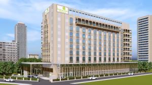 eine Darstellung eines Hotels mit vor dem Hotel geparkt in der Unterkunft Lemon Tree Premier, Tirupati in Tirupati