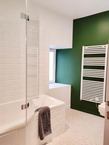 a bathroom with a green wall and a shower and a sink at Maison chic du Jerzual in Dinan
