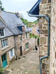 a dog is standing in an alley between two stone buildings at Maison chic du Jerzual in Dinan +16 photos