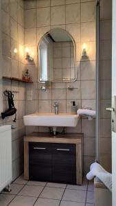 a bathroom with a sink and a mirror at Ferienhaus Landblick in Bad Arolsen +29 photos