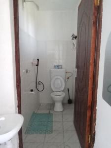 a bathroom with a toilet and a shower and a sink at Watamu Plaza Studio 2 in Watamu +3 photos