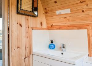 a bathroom with a sink and a mirror at Lowside Farm Glamping in Troutbeck