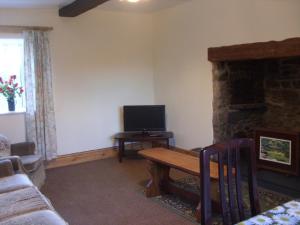 a living room with a table with a television and a fireplace at East Hook Holiday Cottages - Daisy Cottage in Okehampton