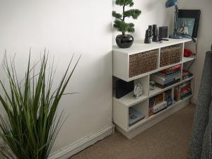 a white book shelf next to a wall with a plant at Seascape - St Catherine's Court in Fowey