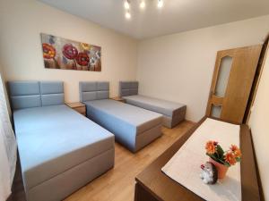 una piccola stanza con due letti e un tavolo di Musninkų apartment near Akropolis a Vilnius