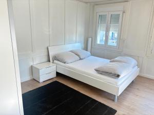 Una habitación blanca con una cama y una ventana. en Charmante 2-Zimmer EG Wohnung in Heiden, en Heiden