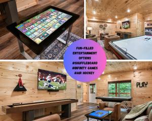a video game room with a pool table and a tv at Spring into serenity, Your mountain hideaway is calling in Pigeon Forge