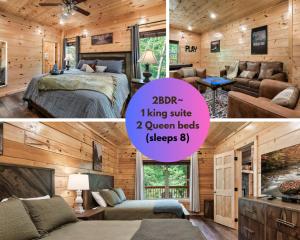 a bedroom and a living room in a log cabin at Spring into serenity, Your mountain hideaway is calling in Pigeon Forge