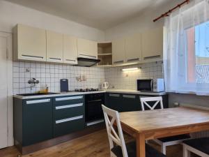 a kitchen with green cabinets and a wooden table at Pension u Lašanů in Třešť