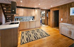 a kitchen with wooden cabinets and a rug on the floor at Lovely Home In Vrådal With Sauna in Vradal