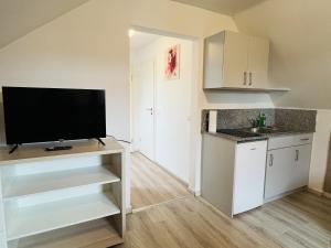 a small kitchen with a flat screen tv on a counter at Seebachstuben - Dechsendorf in Erlangen