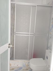 a bathroom with a shower with a toilet at Casa campo in Oxapampa +3 photos