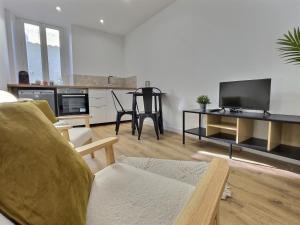 a living room with a couch and a table with a tv at Cornas in Tournon-sur-Rhône
