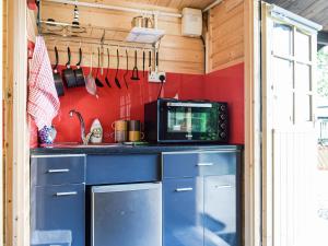 a kitchen with blue cabinets and a microwave at Moonlight View - Uk35187 in Newtown